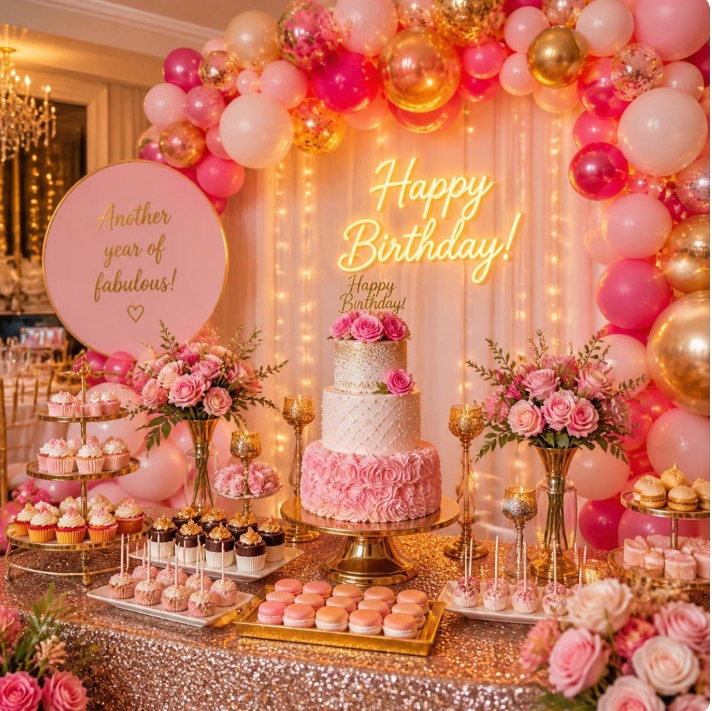 Table dessert anniversaire rose et or