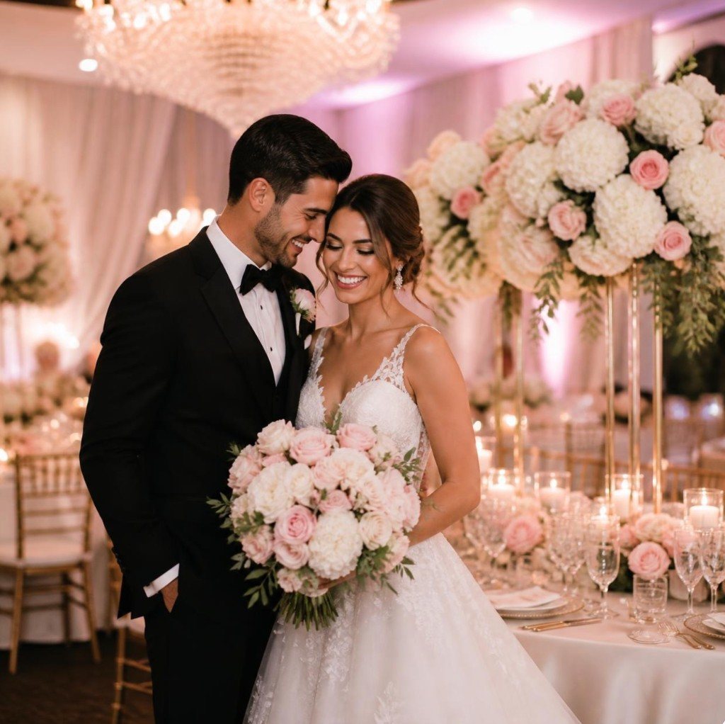 Couple de mariés dans une salle illuminée